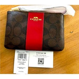 COPY - Coach F58035 Signature PVC Leather Corner Zip Wristlet-IM/BRN/RED
